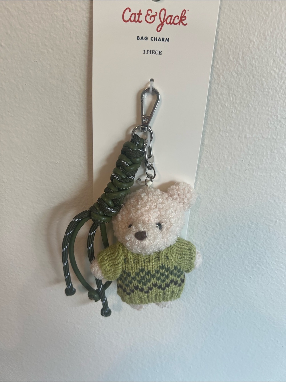 Cat & Jack Cream Bear Charm with Green Knit Sweater NWT